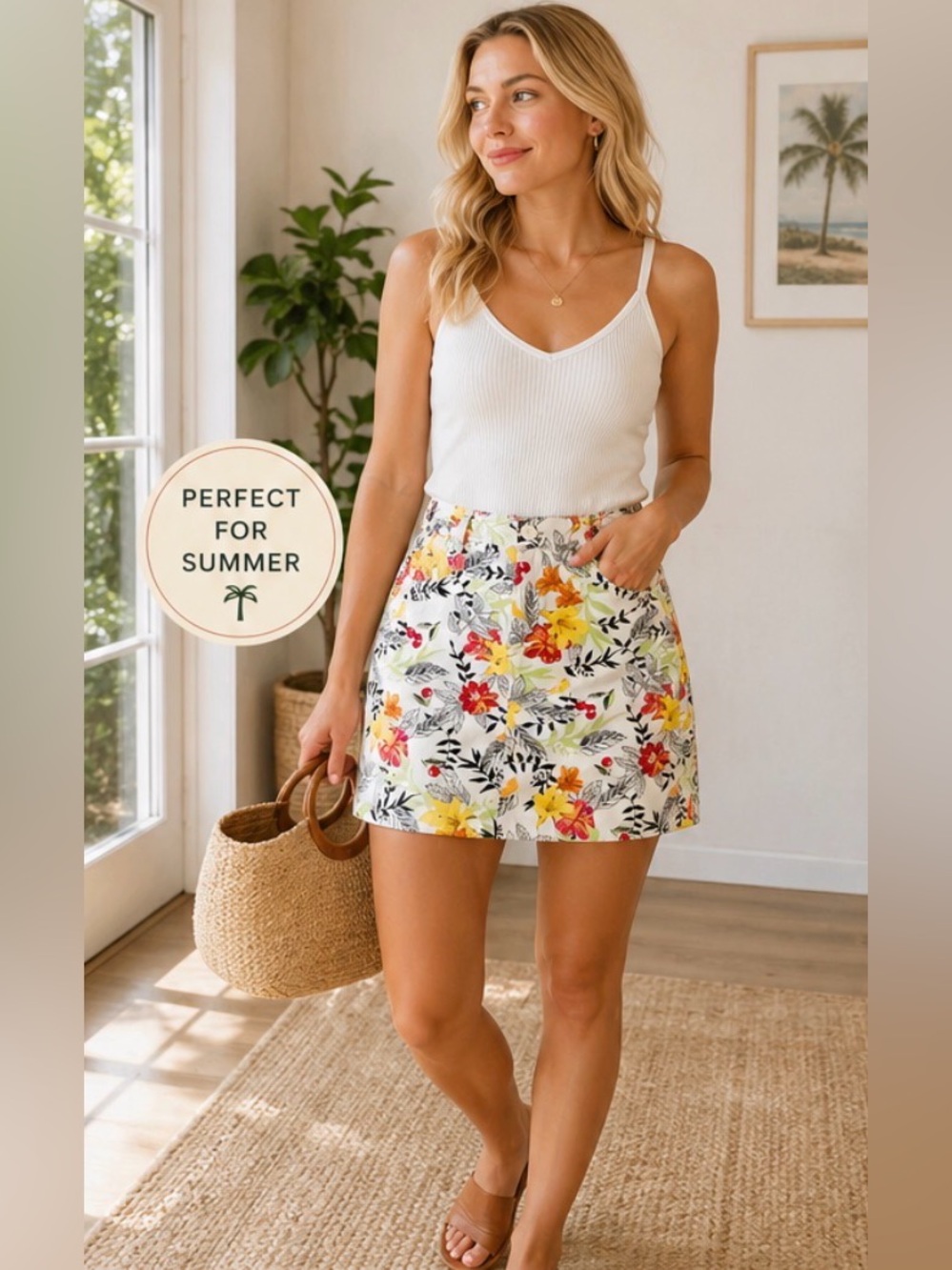 197 Christopher & Banks Tropical Floral Mini Skirt White Summer Vacation Size 6